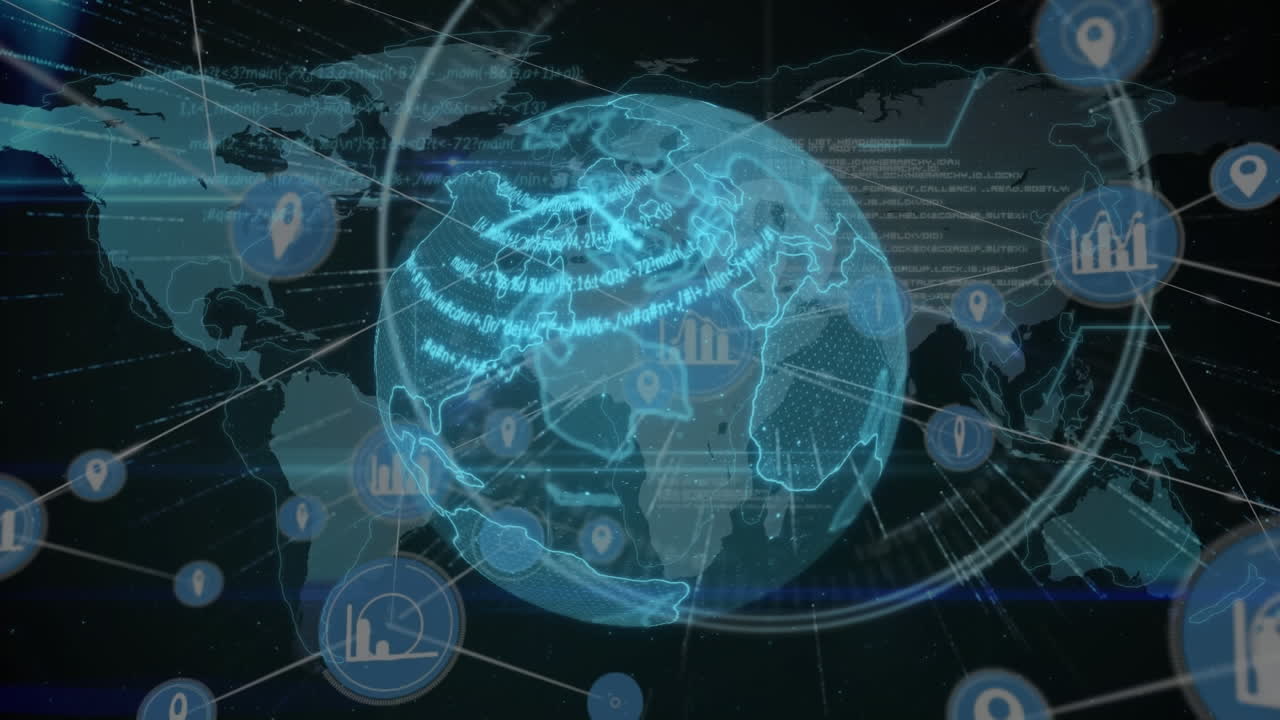 Animation of data processing over icons and globe