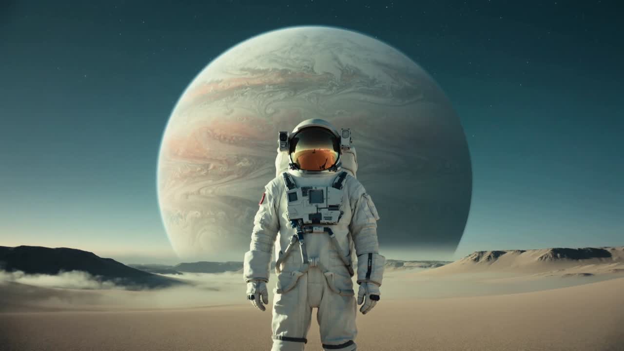 Stående astronaut i rumdragt overvåger fremmed sandsslette, observerer gasgigantplanet med orange visir