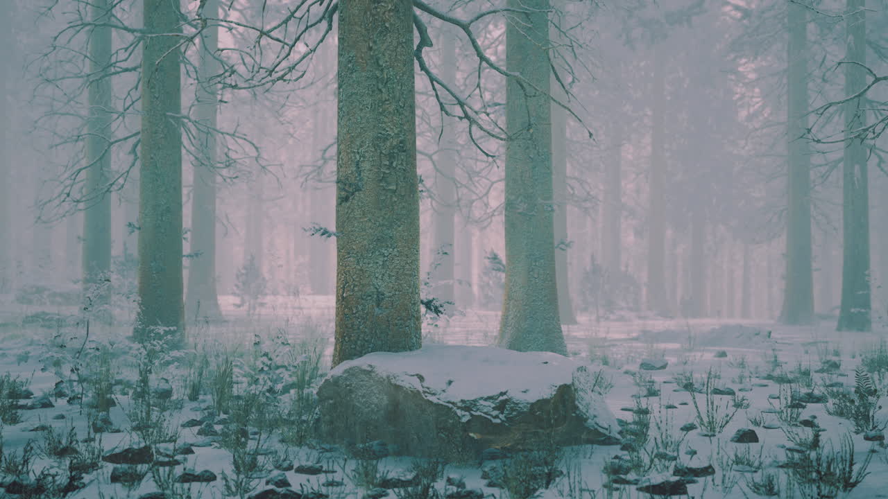 Paesaggio innevato di una foresta con alberi alti e atmosfera nebbiosa in inverno