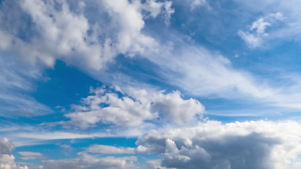 Lovely soft clouds changing shapes quickly in the sky. Diverse types of clouds in atmosphere. Low angle view. Timelapse.