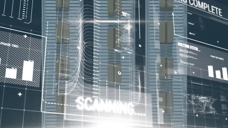 animation of statistics and data processing over cardboard boxes on conveyor belts in warehouse