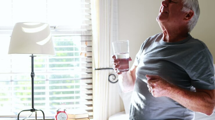 старший мужчина принимает лекарства в спальне.