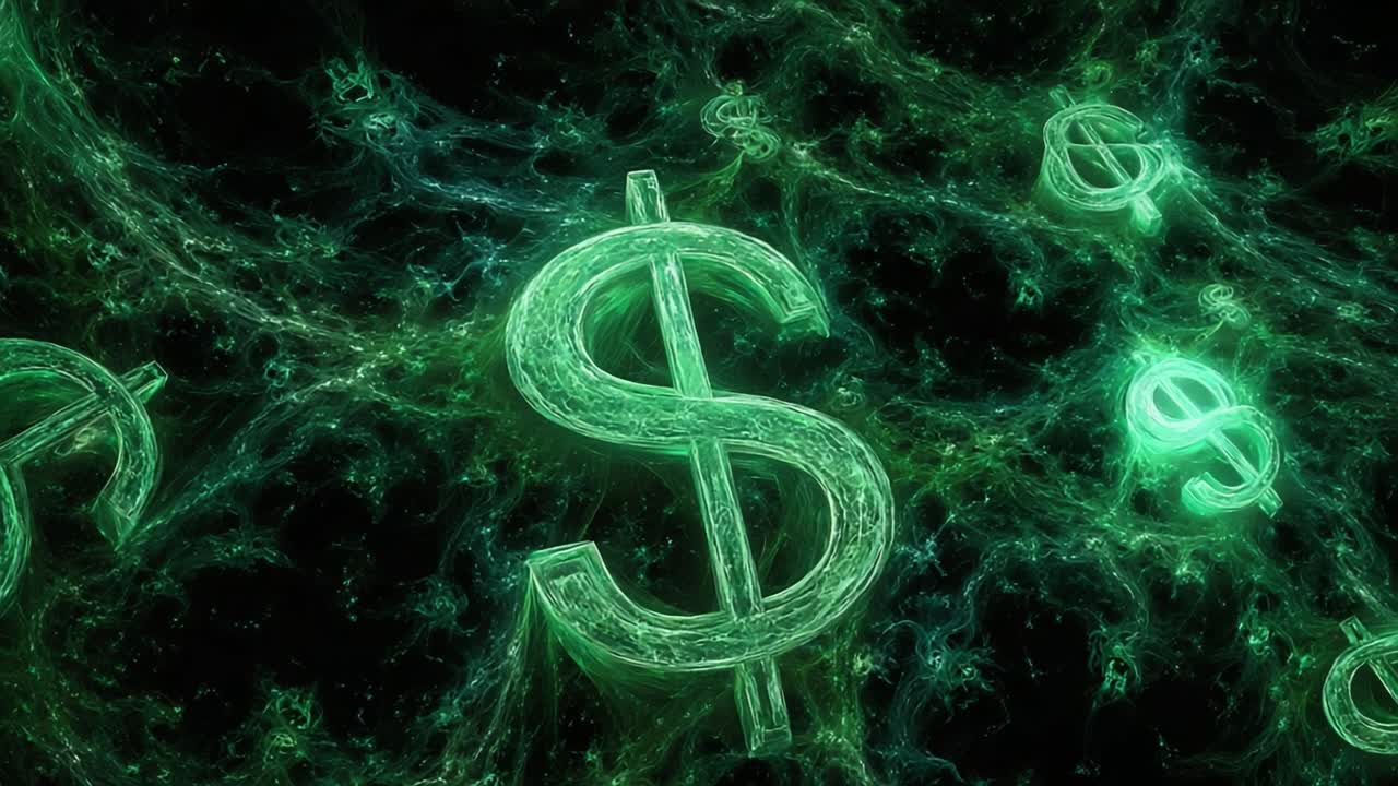 Lumottava visuaalinen esitys leijuvista vihreistä dollarimerkeistä kosmisen taustan keskellä, korostaen rahoituksen, talouden ja vaurauden houkutuksen teemoja