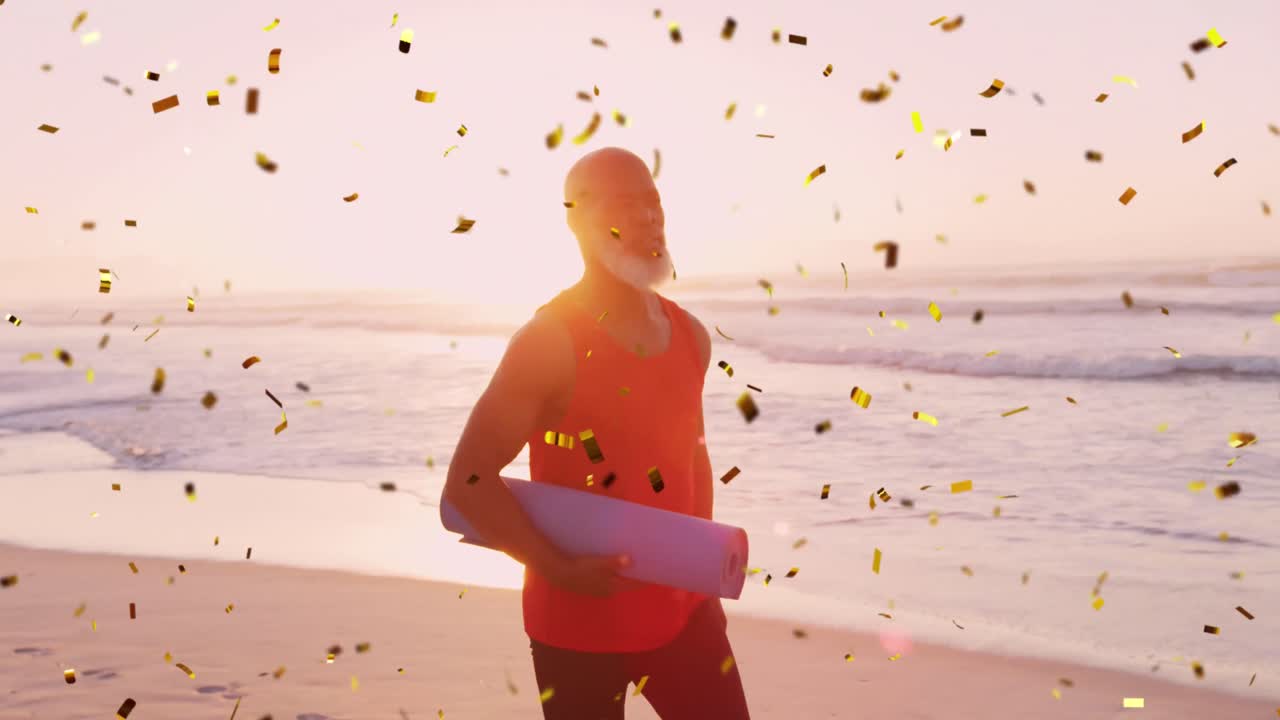 해가 지는 해변에서 요가 매트를 가진 아프리카계 미국인 노인 위에 콘티의 애니메이션