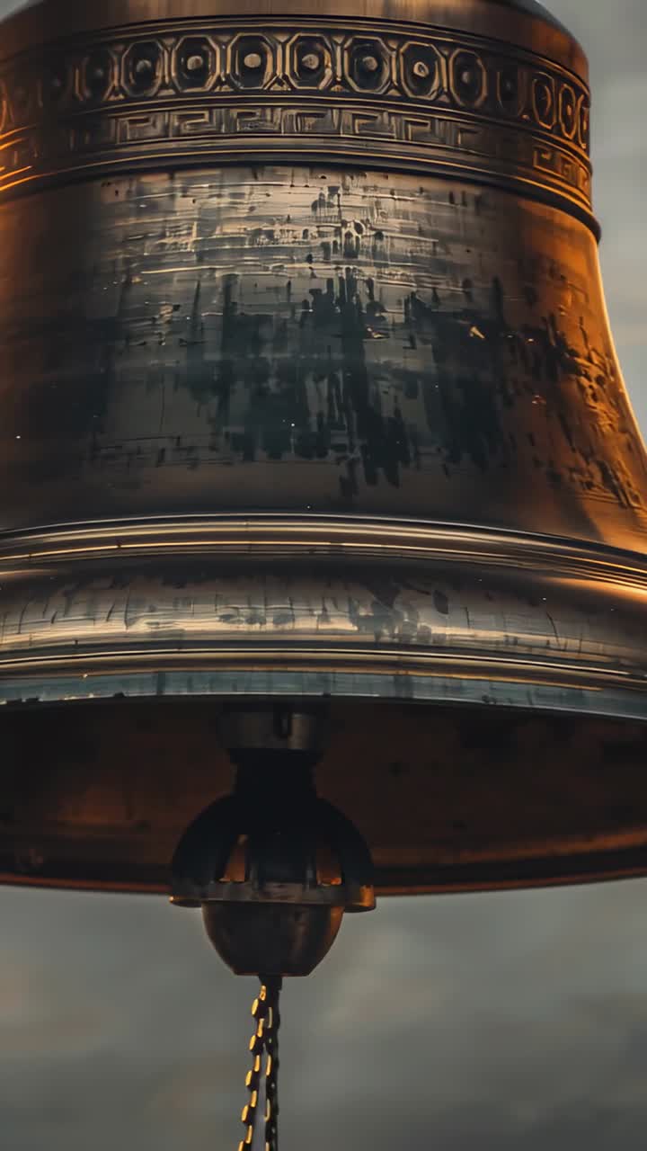 Vertical video: Swinging bell's clapper shifting inside bronze bell at tower, gusts causing motion