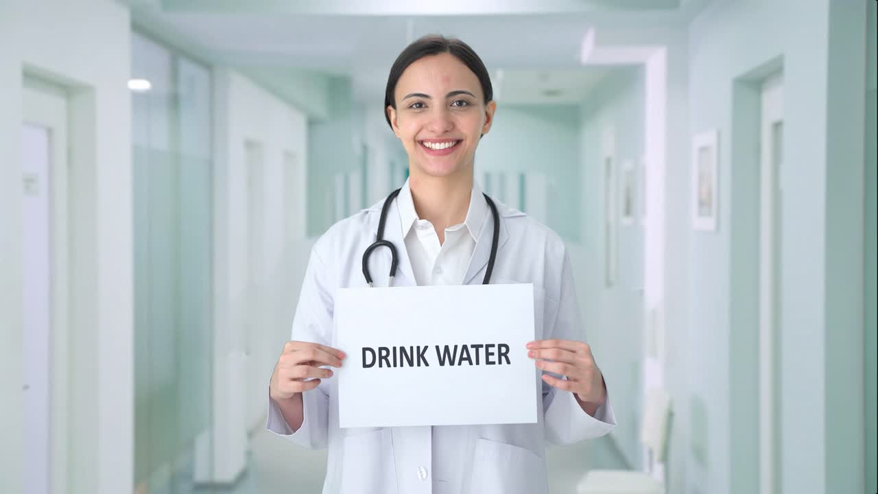 술 물 배너를 들고 있는 행복한 인도 여성 의사