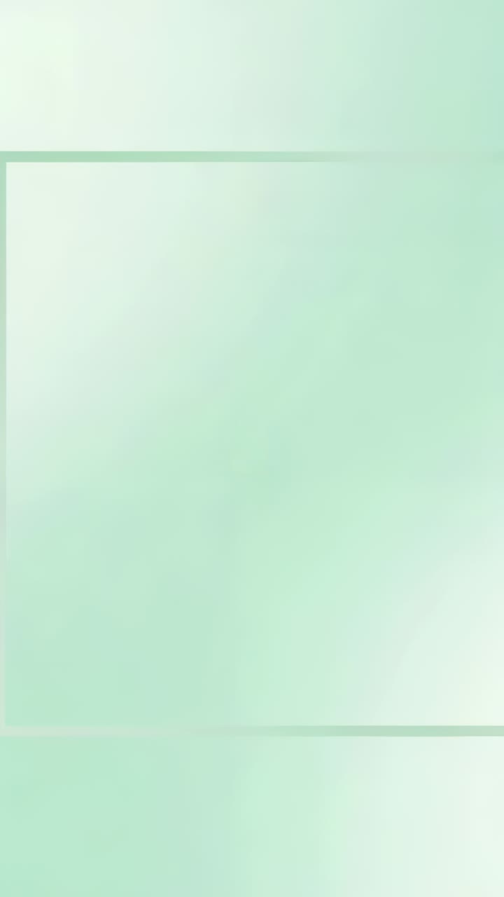 Vertical video: Sliding frosted card centering over green scallop on mint backdrop, thin border