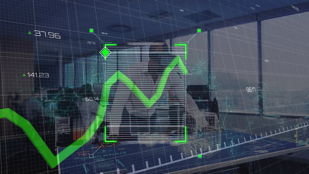 animación de procesamiento de línea verde y dibujo de coche 3d en la cuadrícula sobre el hombre de negocios usando auriculares vr