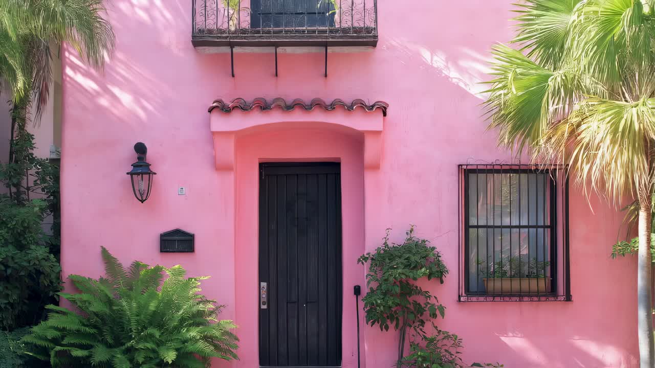 Soft sunlight casting warm shadows on vibrant pink residential facade, highlighting black entrance door, barred window, balcony, potted palm trees creating charming architectural scene