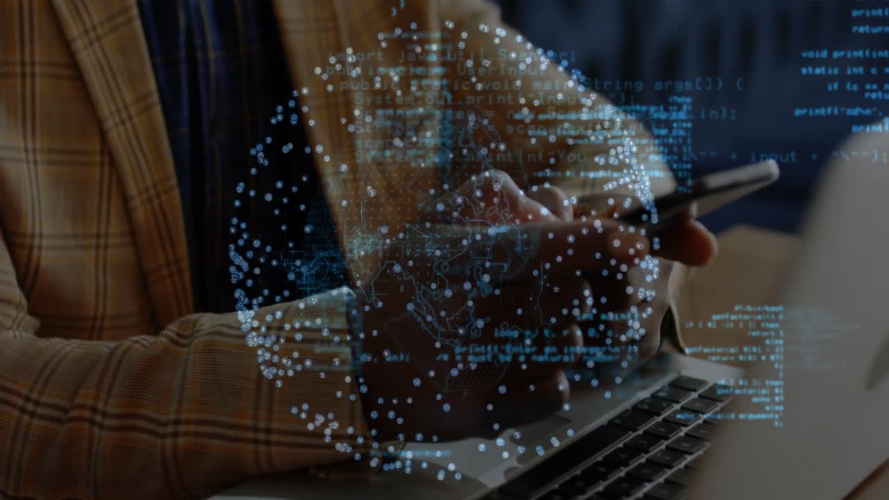 Senior man tapping smartphone in tech hub after holographic data flickering and indicating success