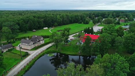 bird's eye view of a mansion on a lake in a forest landscape