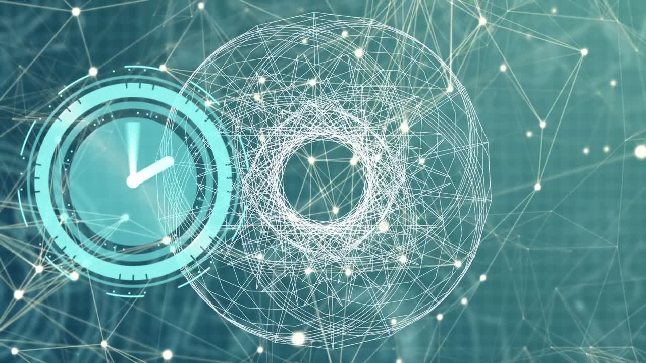 녹색 배경에 움직이는 시계와 기하학적 모양의 애니메이션과 별자리