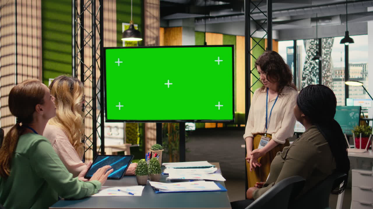 Professional business people leverages copy space display to share resources