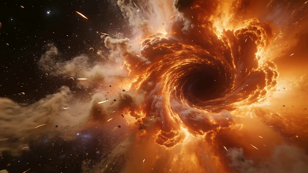 Swirling glowing spiral around dark core tightening in space, gravity pulling dust inward