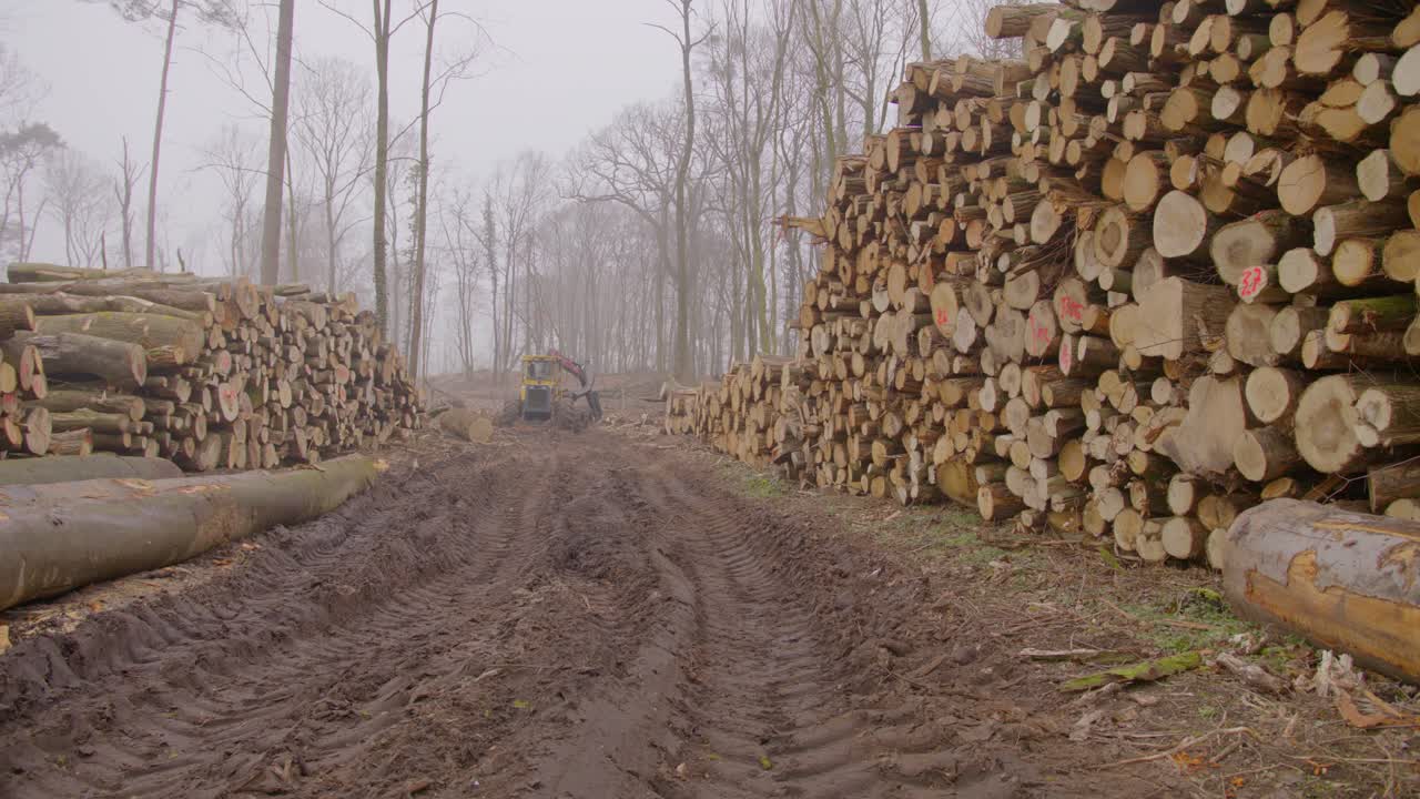 Wide slider shot of a tree excavator in the middle of tree trunks