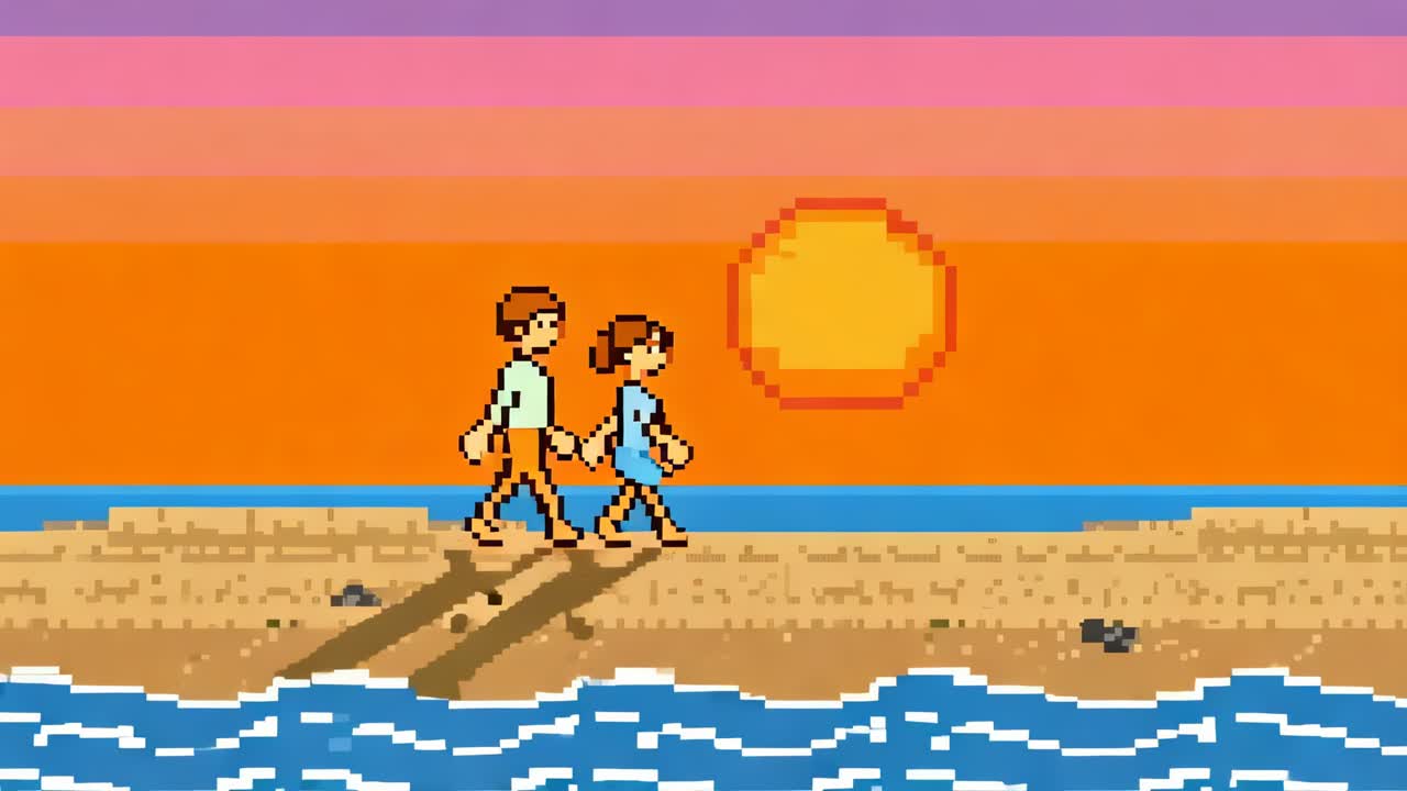 Walking pixel couple together along beach near waves as pixel sun descending, casting long shadows