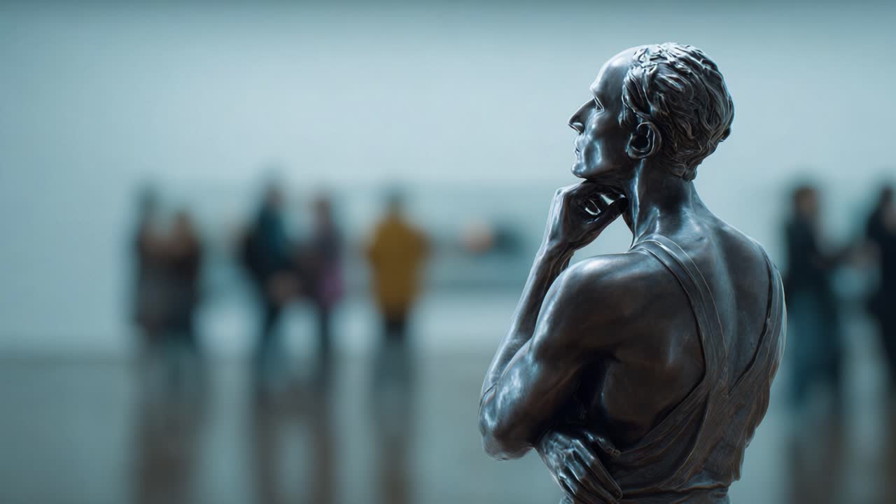 A Thoughtful Bronze Sculpture Resides in an Art Gallery, Captivating Viewers with Its Intricate Design and Evocative Expression in an Engaging Atmosphere
