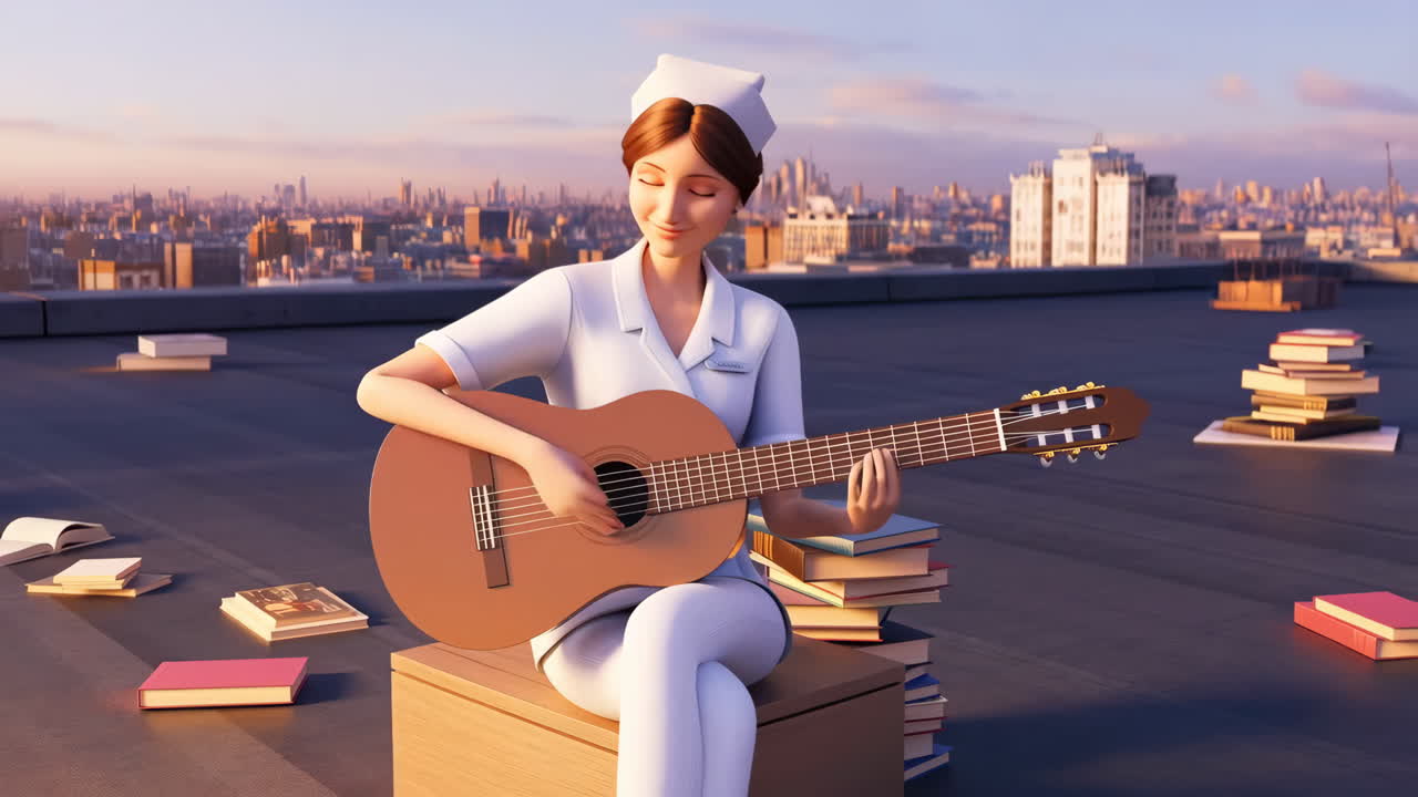 Nurse playing guitar on a rooftop