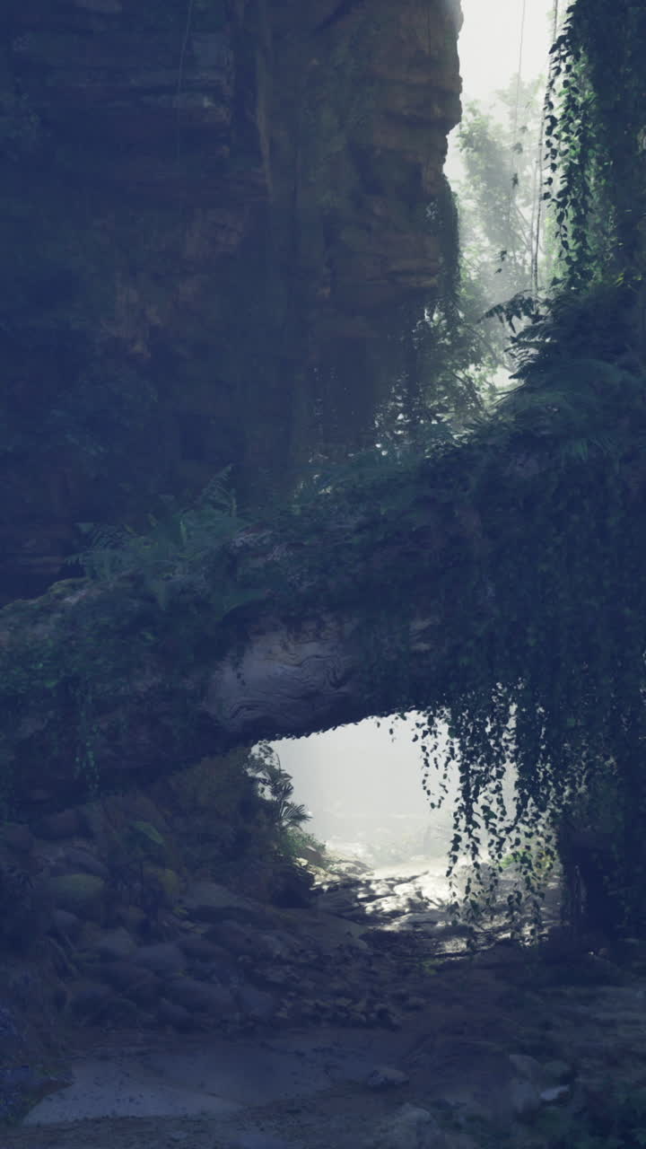 Waterfall cascading through rocky cliffs with lush greenery surrounding it