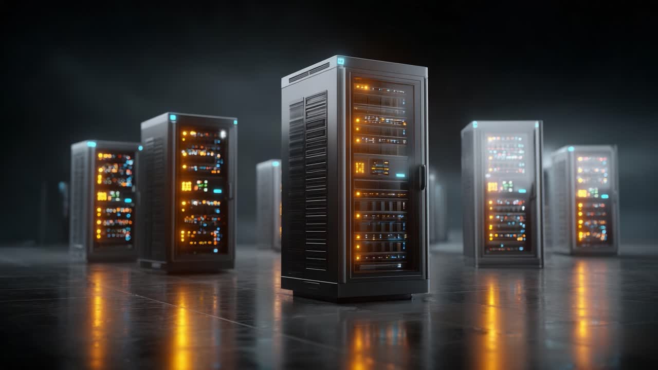 En futuristisk datacenterscene med avancerede serverracks, der er oplyst af levende lys og viser banebrydende teknologi og digital infrastrukturinnovation