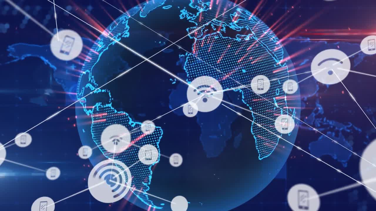 iconos digitales que forman una red y giran el globo contra el mapa del mundo