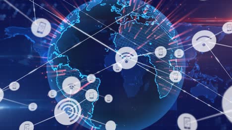 Digital-icons-forming-a-network-and-spinning-globe-against-world-map