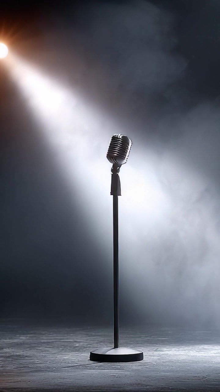 En fængslende spotlight-scene med en klassisk vintage mikrofon, der står alene mod en mystisk baggrund af røg og lys for en dramatisk effekt.