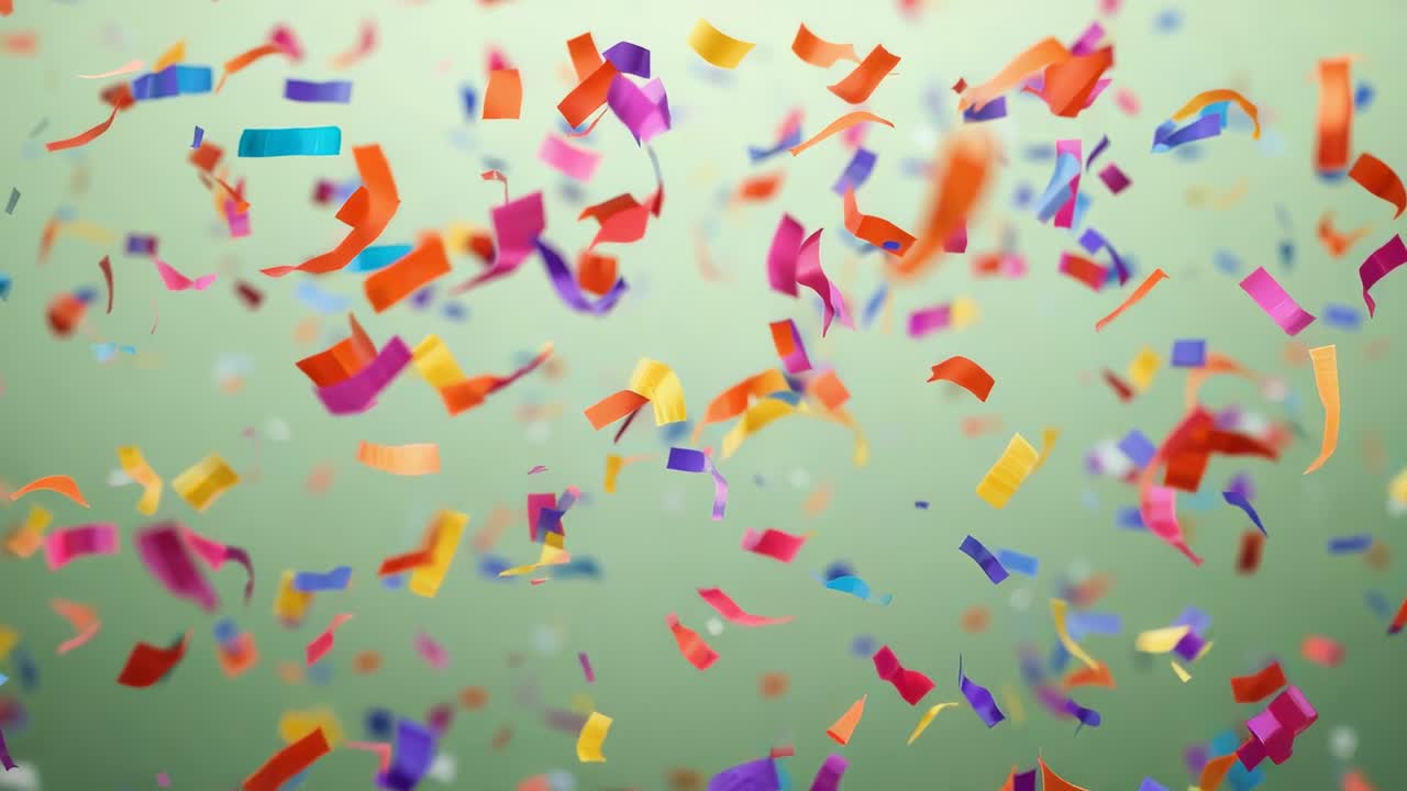 Party releasing colorful paper strips and ribbons drifting toward camera over green backdrop