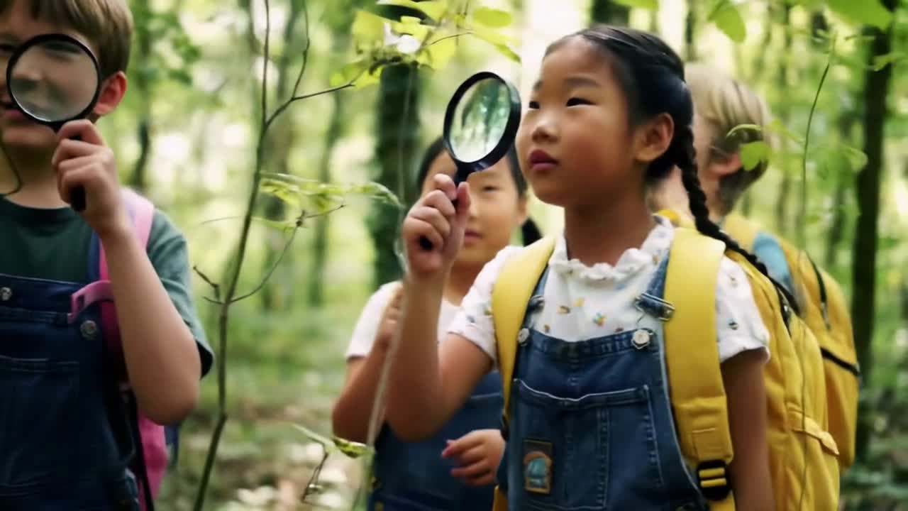 Young Students Exploring Nature with Magnifying Glasses in a Forest