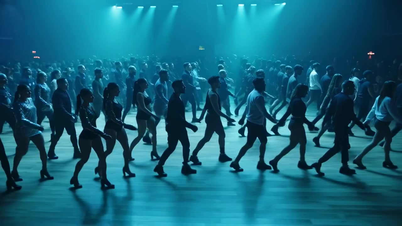Leidende dansers in het midden beginnen gelijktijdig met een zijstap op een houten vloer onder blauwgroene lichten, voor publiek.
