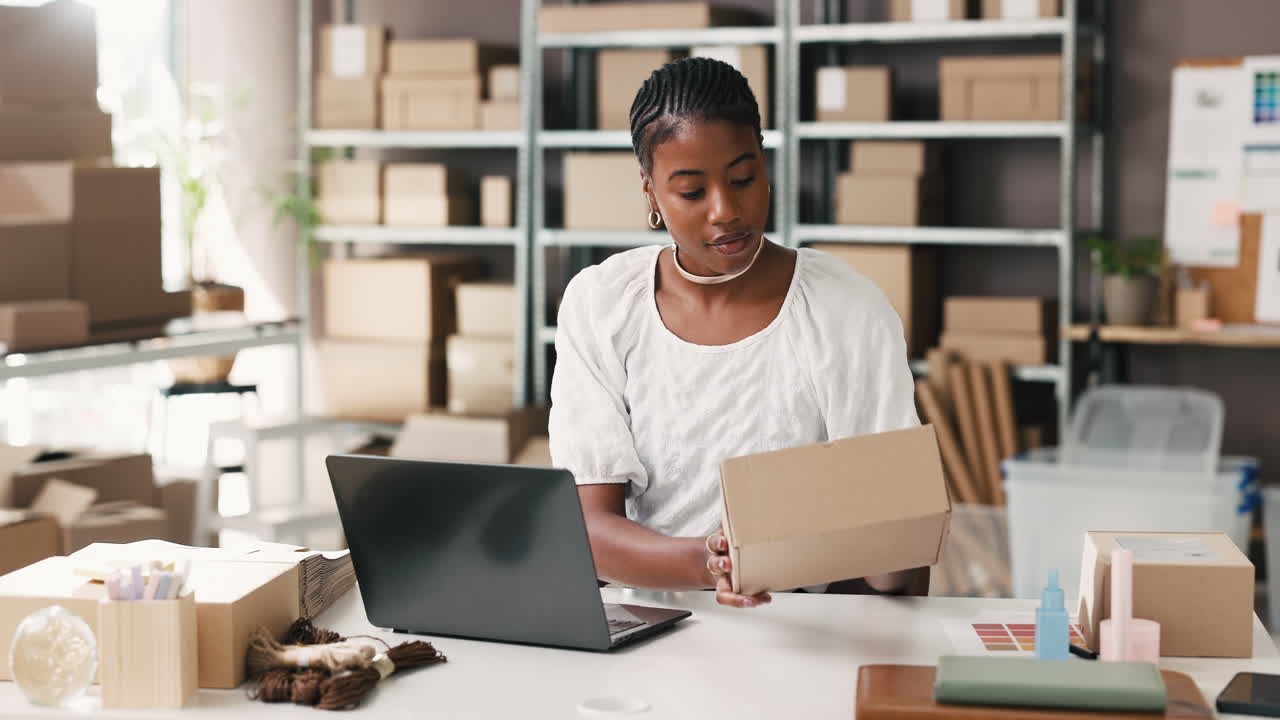 Young Black Woman Managing Online Store Orders in Office