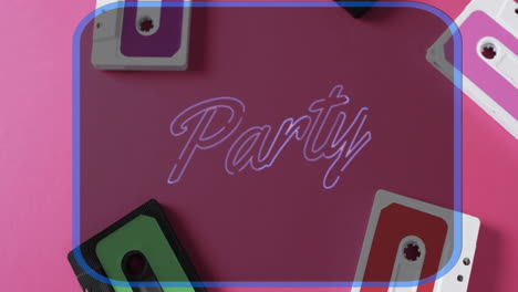 animation of party text and frame over tape on pink background