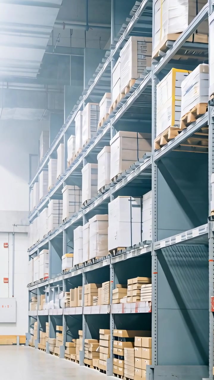 Vertical video: Camera starting glide showing racks in depot, exposing stacked boxes for orders