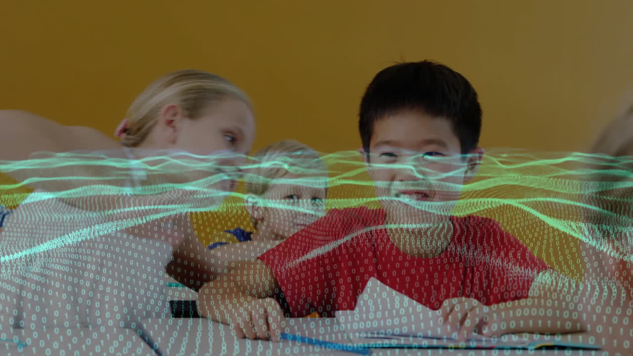 girl whispering to boy over table in education class, showing floating binary code and art supplies
