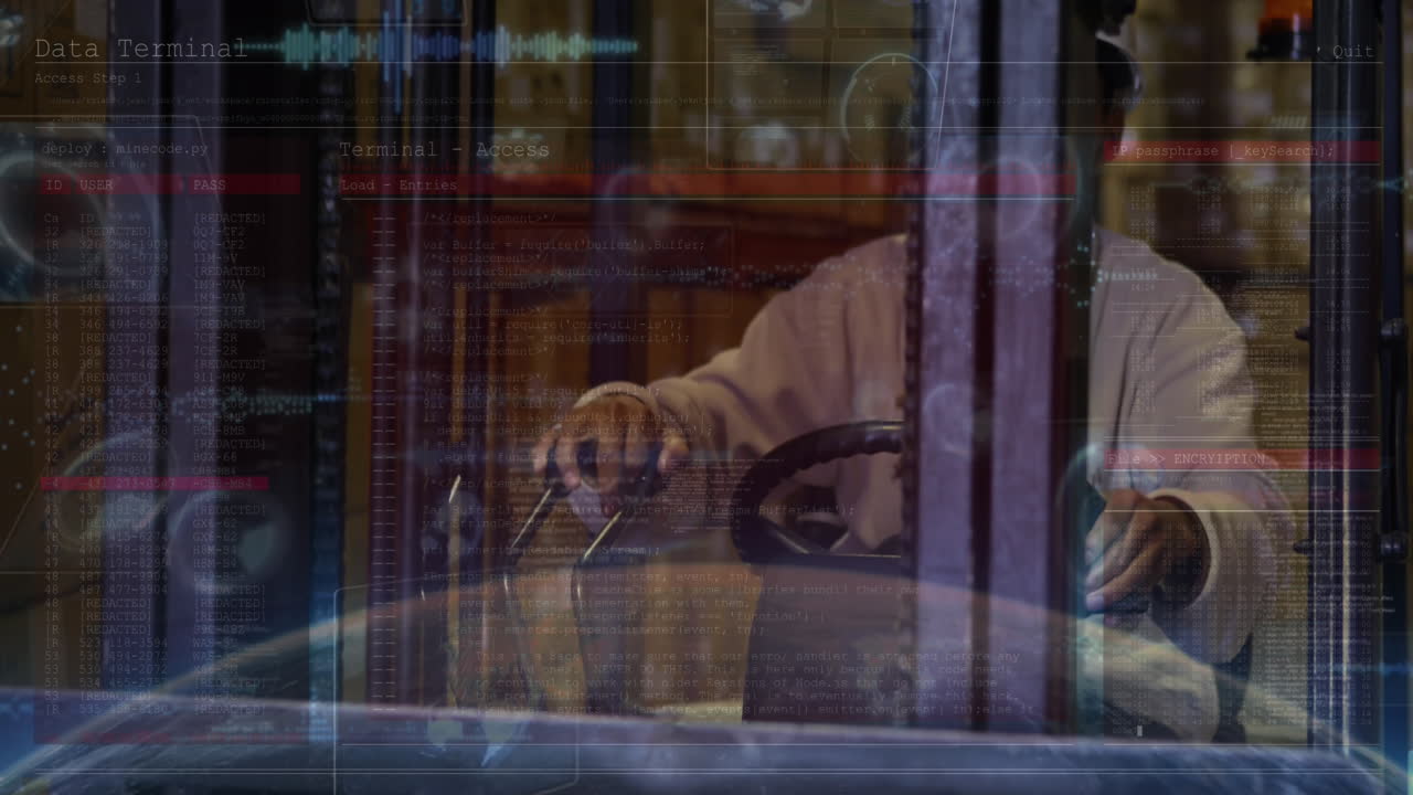 Animation of data processing over african american male worker in warehouse