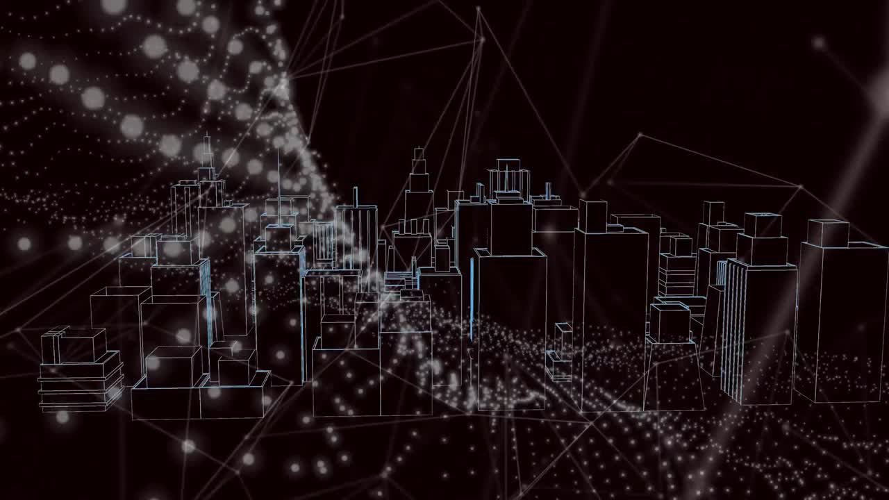 3d 도시 풍경 위의 연결 네트워크의 애니메이션