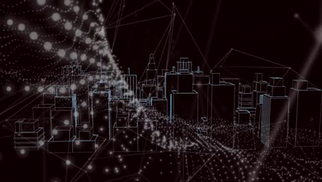 animación de la red de conexiones sobre el paisaje urbano en 3d