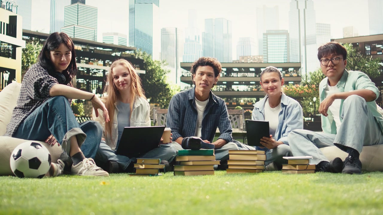 Portrait of diverse students sitting on campus lawn for group study collaboration