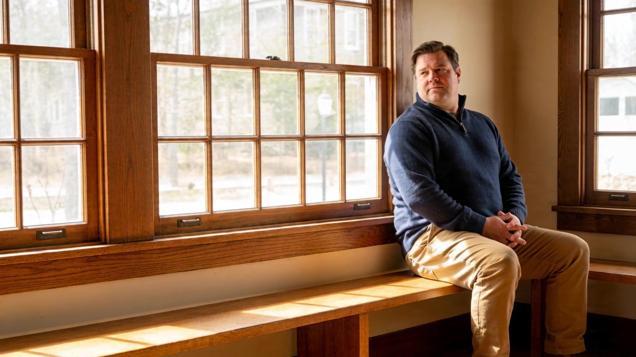Sequence starting man in navy sweater shifting, joining hands on window seat at home, copy space