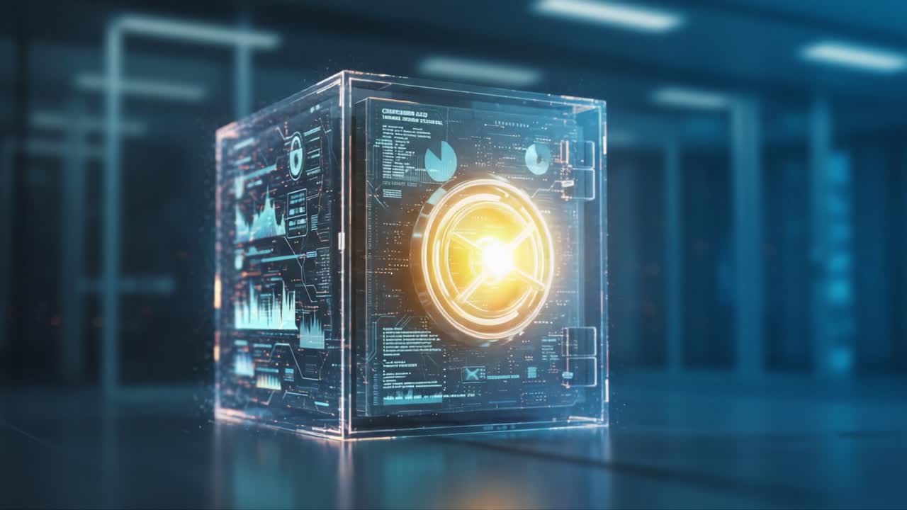 A futuristic transparent data vault radiates vibrant energy, showcasing intricate digital graphs and interfaces, highlighting advanced technology and cybersecurity