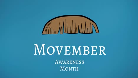 animation of movember awareness month text and moustache over blue background