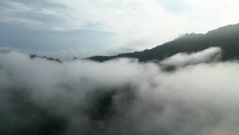 ariel drone view foggy morning sunset with green forest at sempadi coastal road link sarawak,borneo.