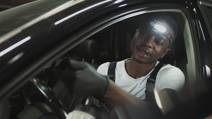 Meccanico auto che ispeziona gli interni dell'auto