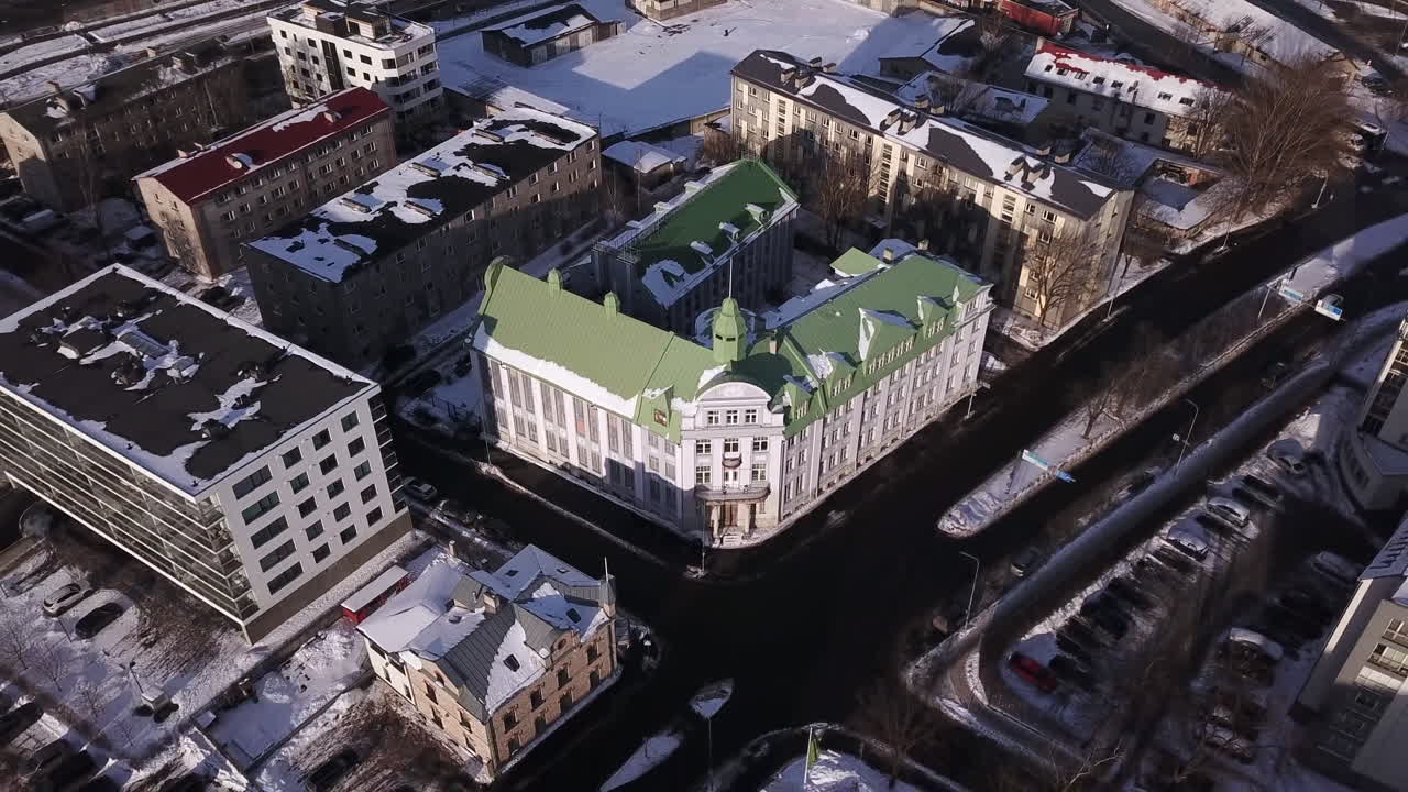 4K Aerial of Historic Seamen's Home in Tallinn, Architect Jacques Rosenbaum, Neoclassical Green Roof Architecture, Estonia 2026
