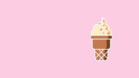 4k video of cartoon ice cream in a waffle cone on pink background.