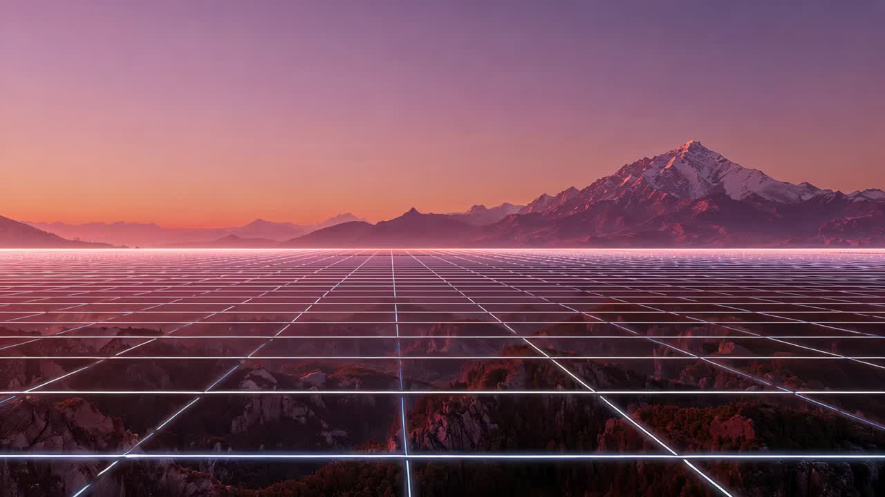 Moving neon grid plane heading due to forward motion toward mist sunset horizon, revealing mountain