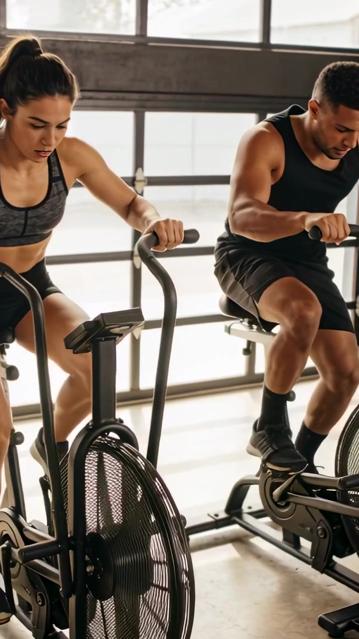 Video verticale: Una coppia si allena in palestra pedalando cyclette ad aria, afferrando le maniglie; la donna indossa un reggiseno sportivo, l'uomo una canotta.