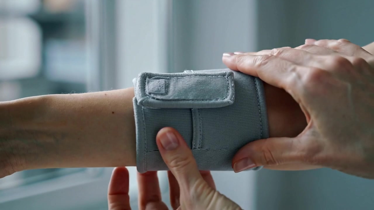 Notando dolore al polso, fissando un tutore grigio per il polso, avambraccio scoperto che allaccia le cinghie in velcro vicino alla finestra.