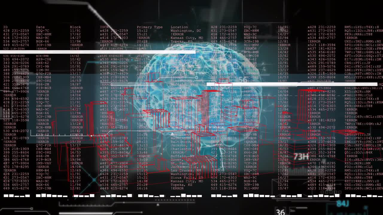 On interface loading holographic brain rotating while data scrolling and circuits mapping pathways