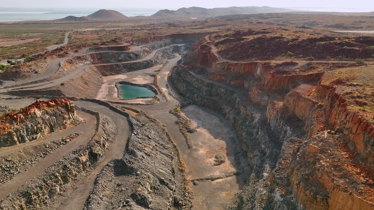Iron Ore Mining With Artificial Lake In Karratha, Western Australia - Aerial Drone Shot
